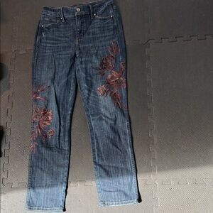 Dark Blue Women's Jeans with Burgundy Floral Embroidery